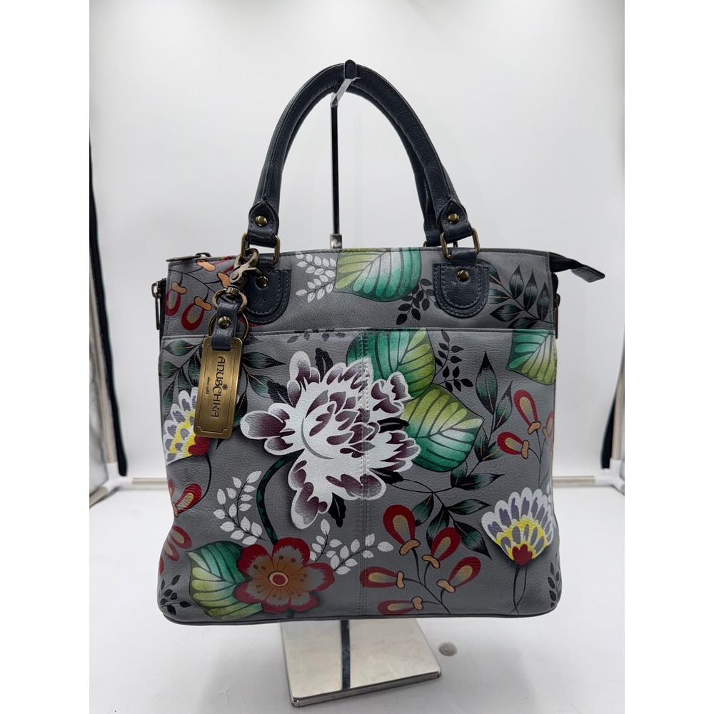 Anuschka Hand Painted Leather Floral Tote Bag Grey Multi Color Satchel Handbag